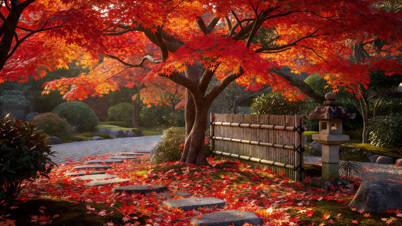 紅葉した日本の楓の葉が広がる秋の庭