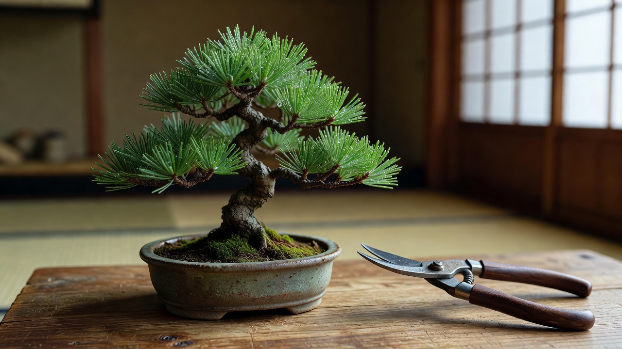 丁寧に手入れされた盆栽の枝葉の近景