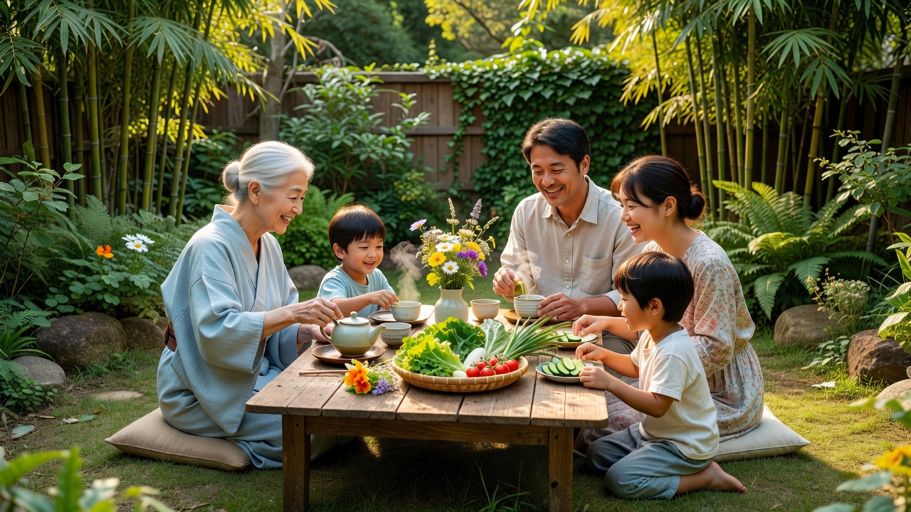 庭で家族が食事を楽しむ様子