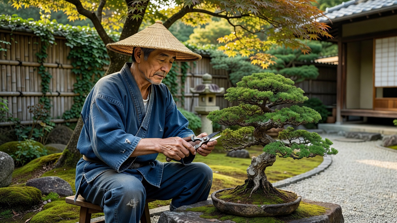 盆栽を丁寧に手入れする方の手元