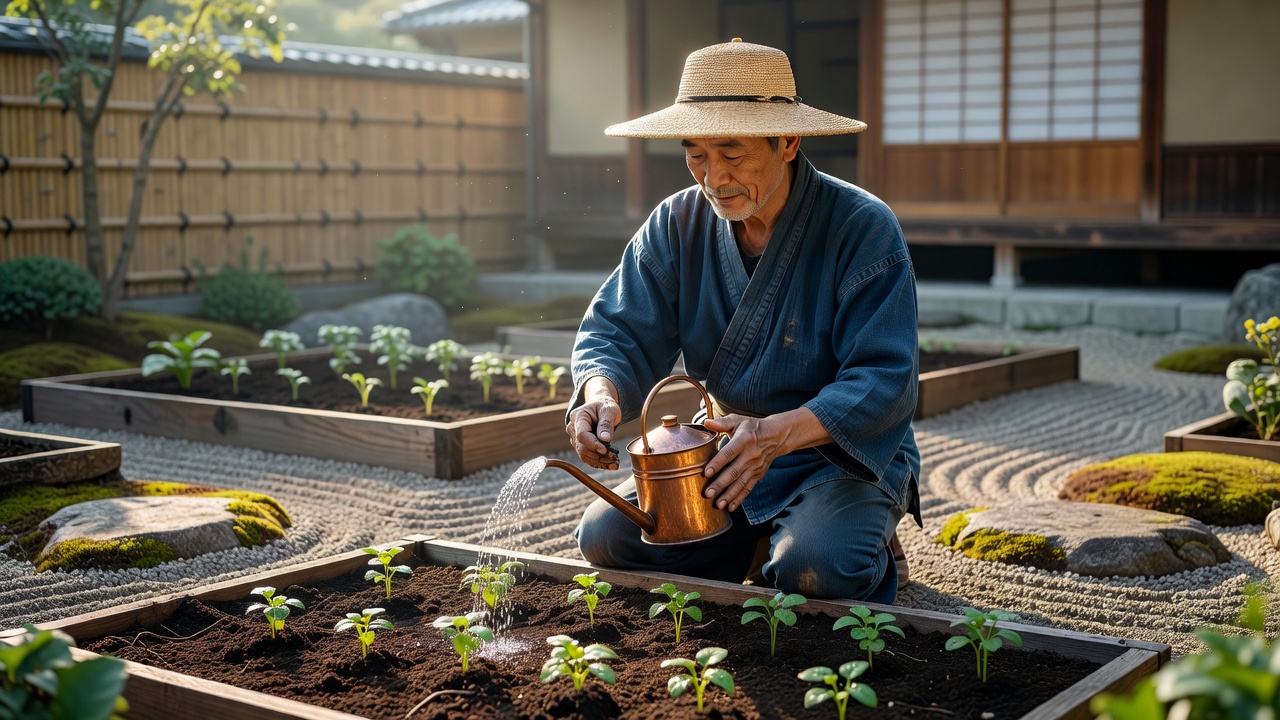 苗に水やりをする様子