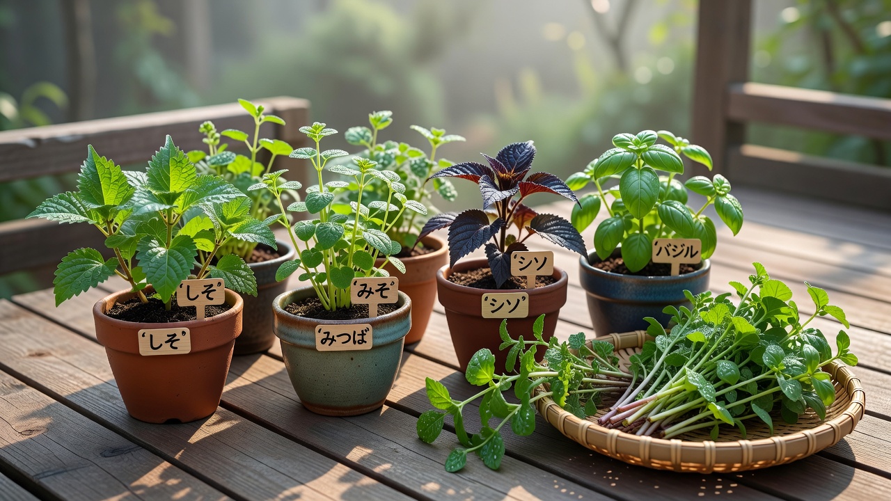 木製デッキに並んだハーブの鉢植え