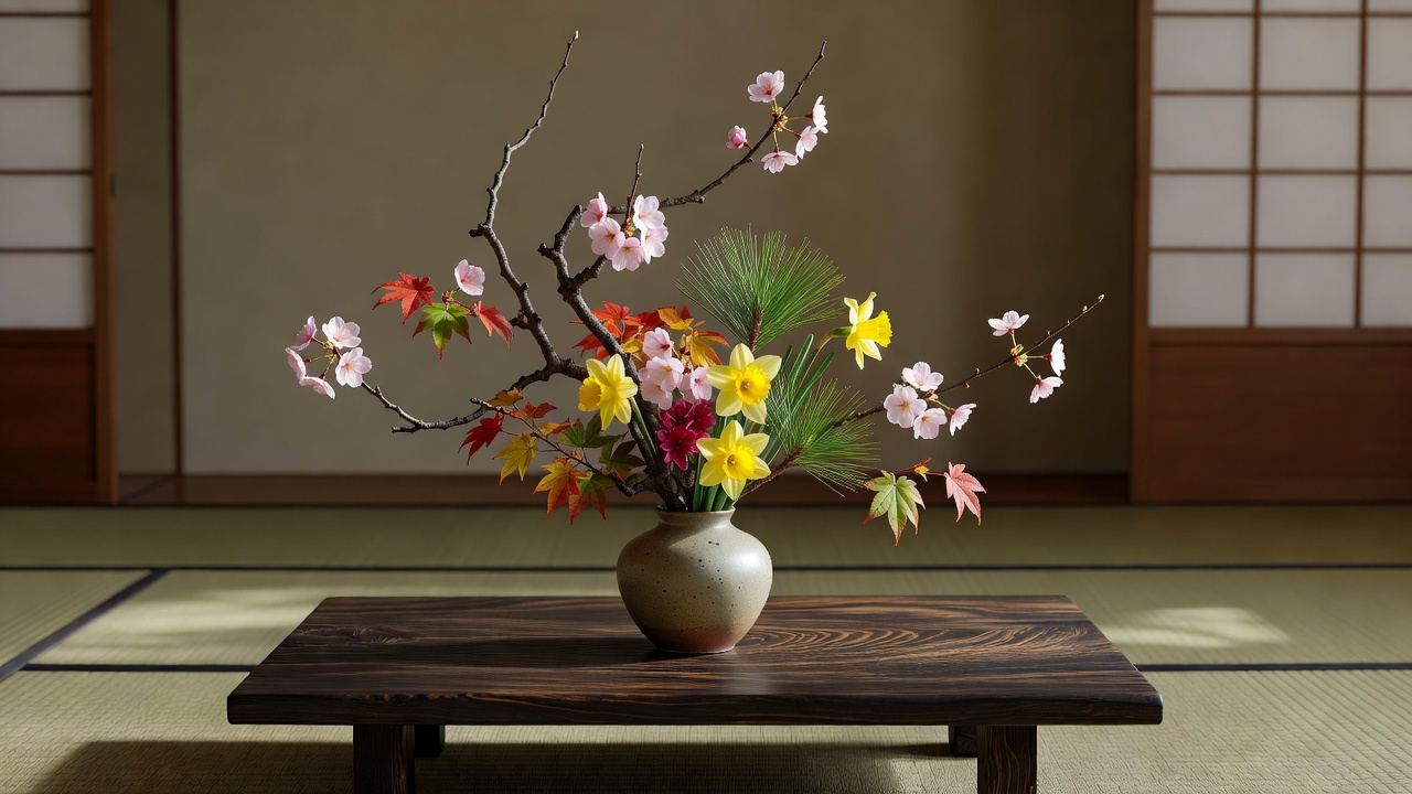 室内で花器に生けられた季節の花