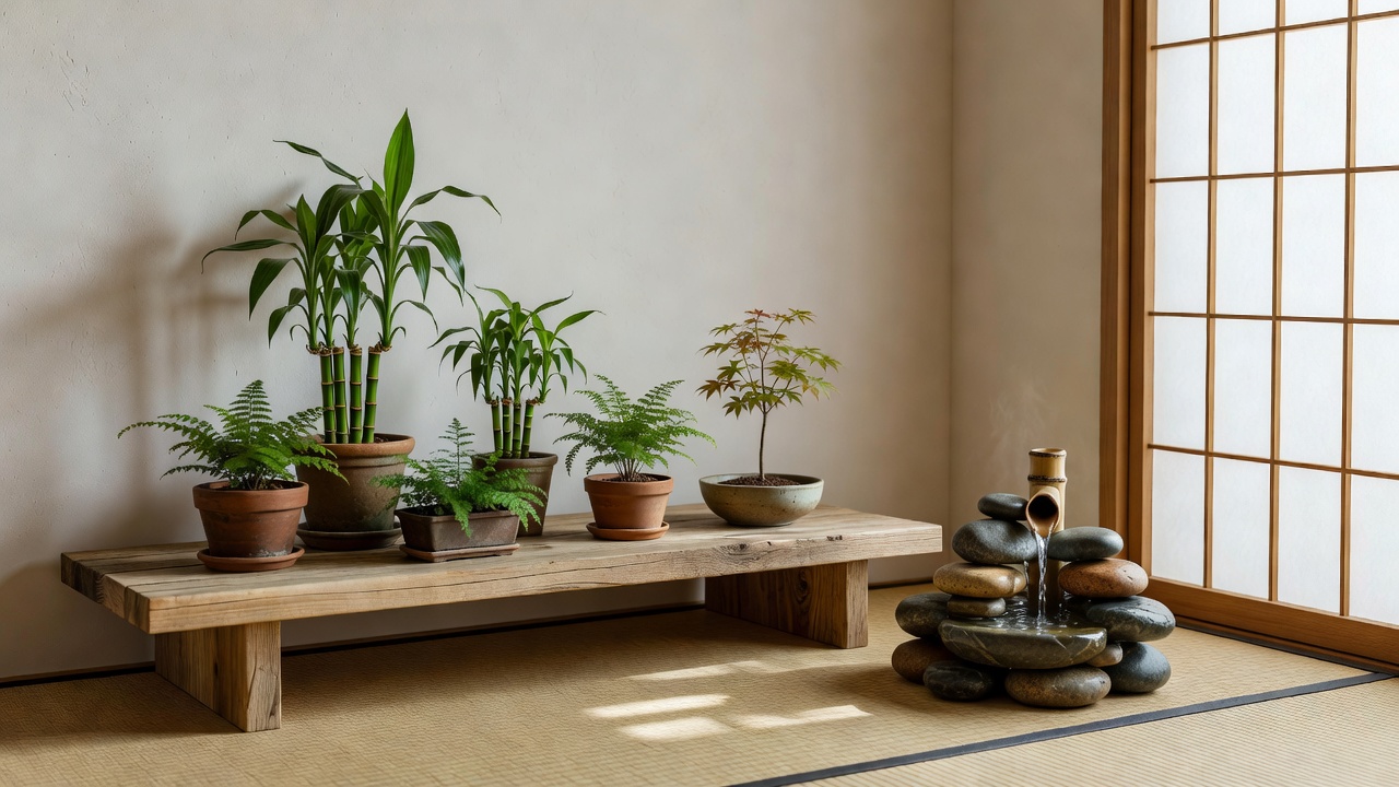 室内に置かれた複数の鉢植えの日本の観葉植物