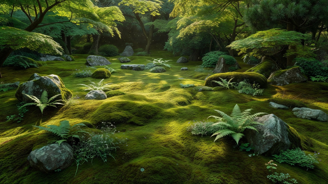 苔に覆われた日陰の庭の落ち着いた風景