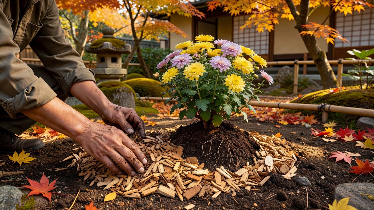 植物の根元にマルチング材を敷いている手元