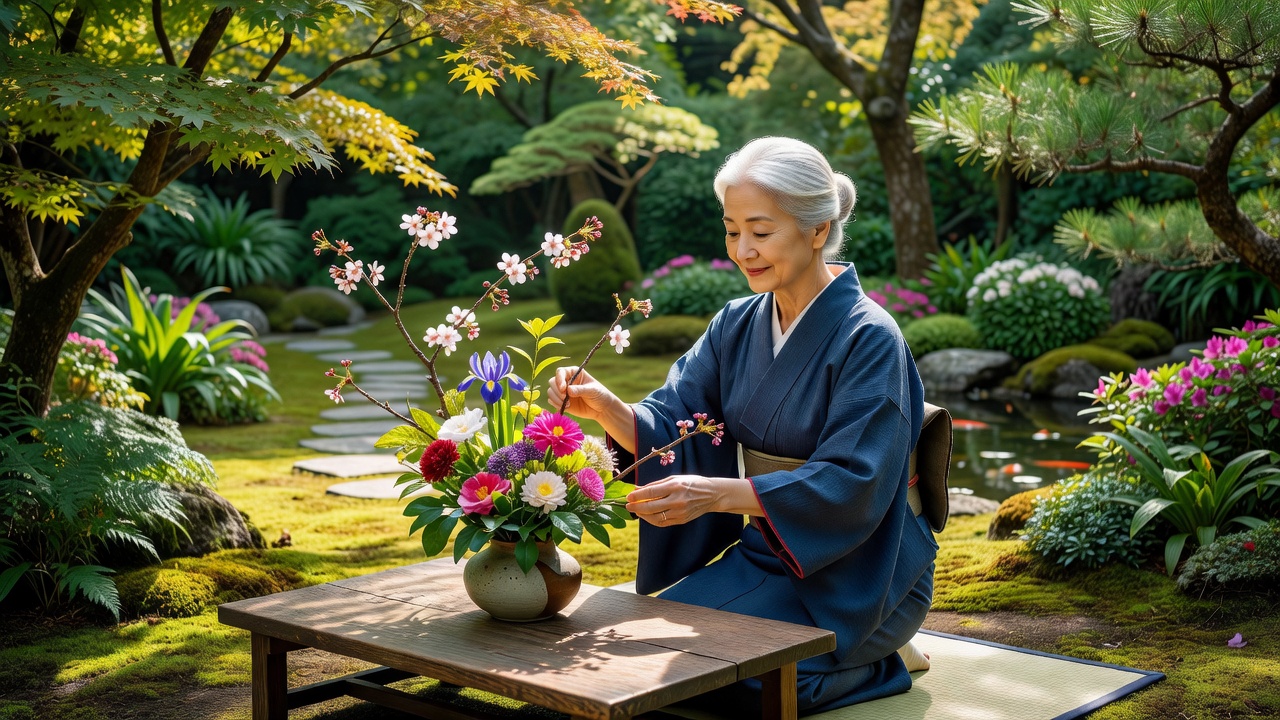 庭先で摘んだ花を器に生けている様子