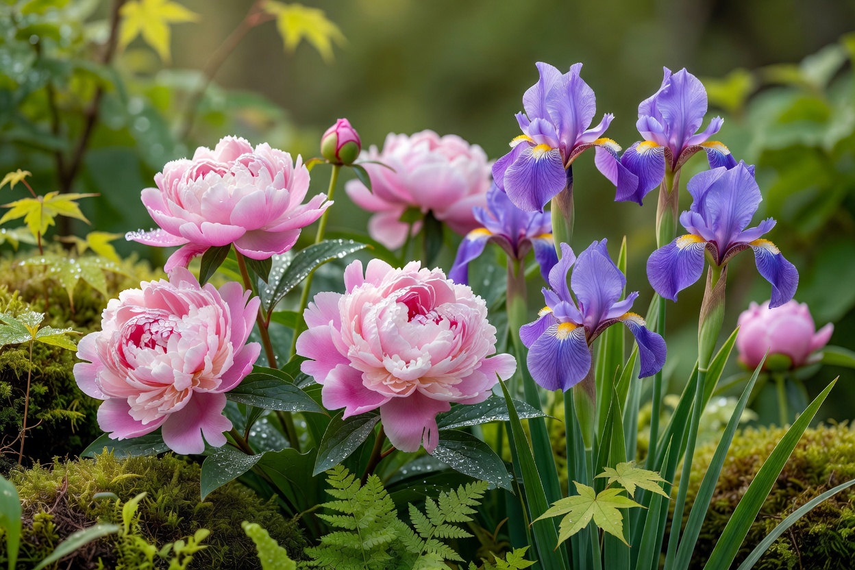 牡丹とアイリスが並んで咲く春の花壇