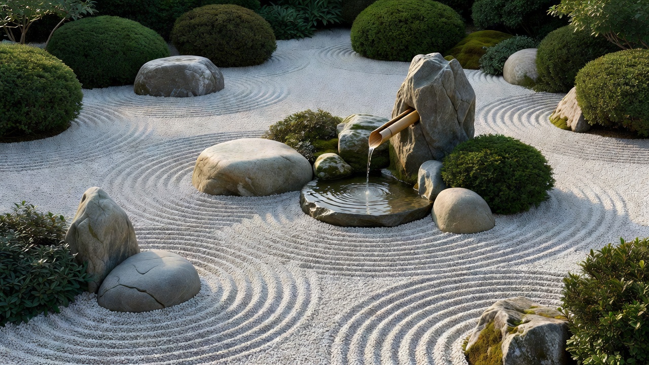 水景を取り入れた小さな石庭の落ち着いた風景