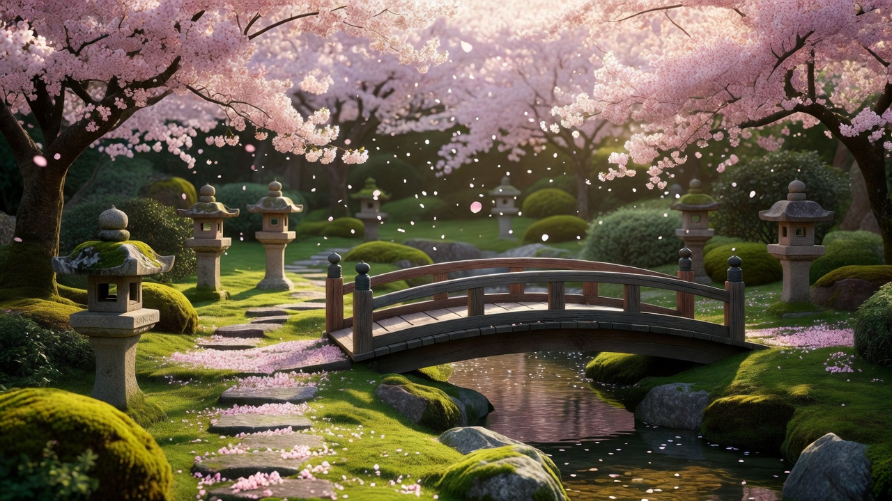 桜が咲く春の庭と芽吹き始めた植栽