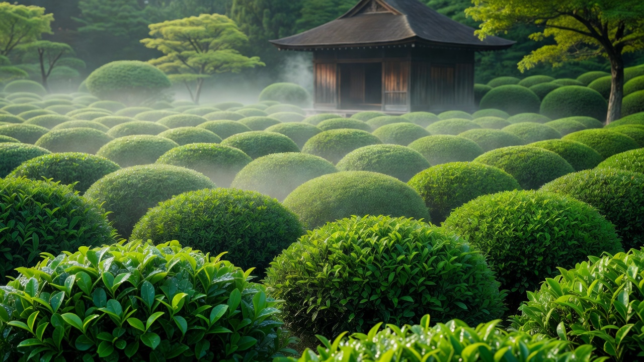 夏の強い日差しを受ける緑豊かな茶畑風の庭