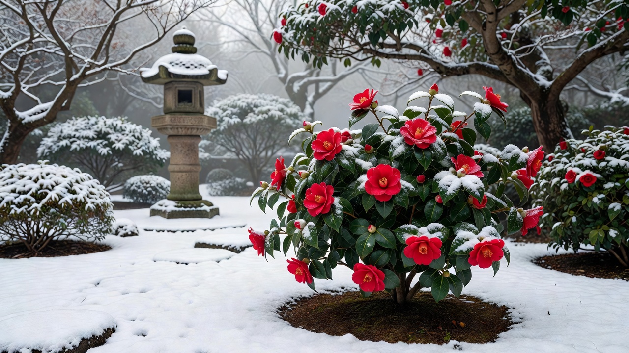 雪の中で花を咲かせる椿のある冬の庭