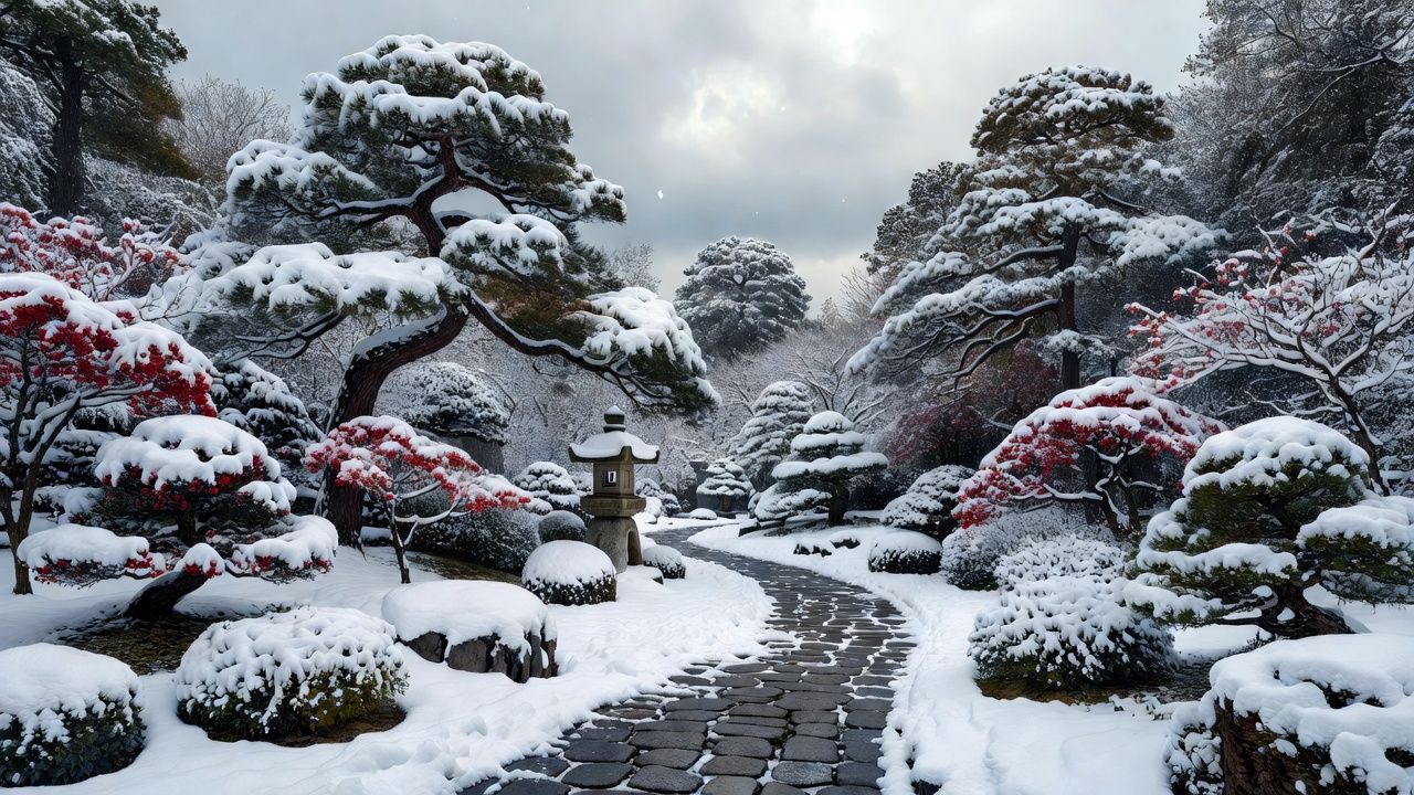 雪が積もった松と冬の庭の静かな風景