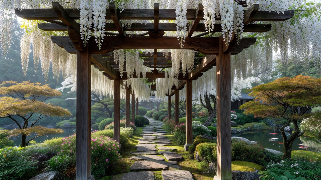 藤の花が咲くパーゴラが設けられた春の庭