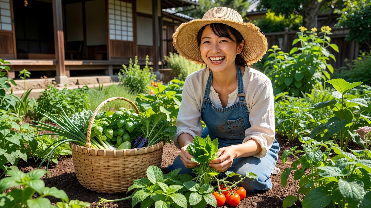 籠を持って庭で収穫する人