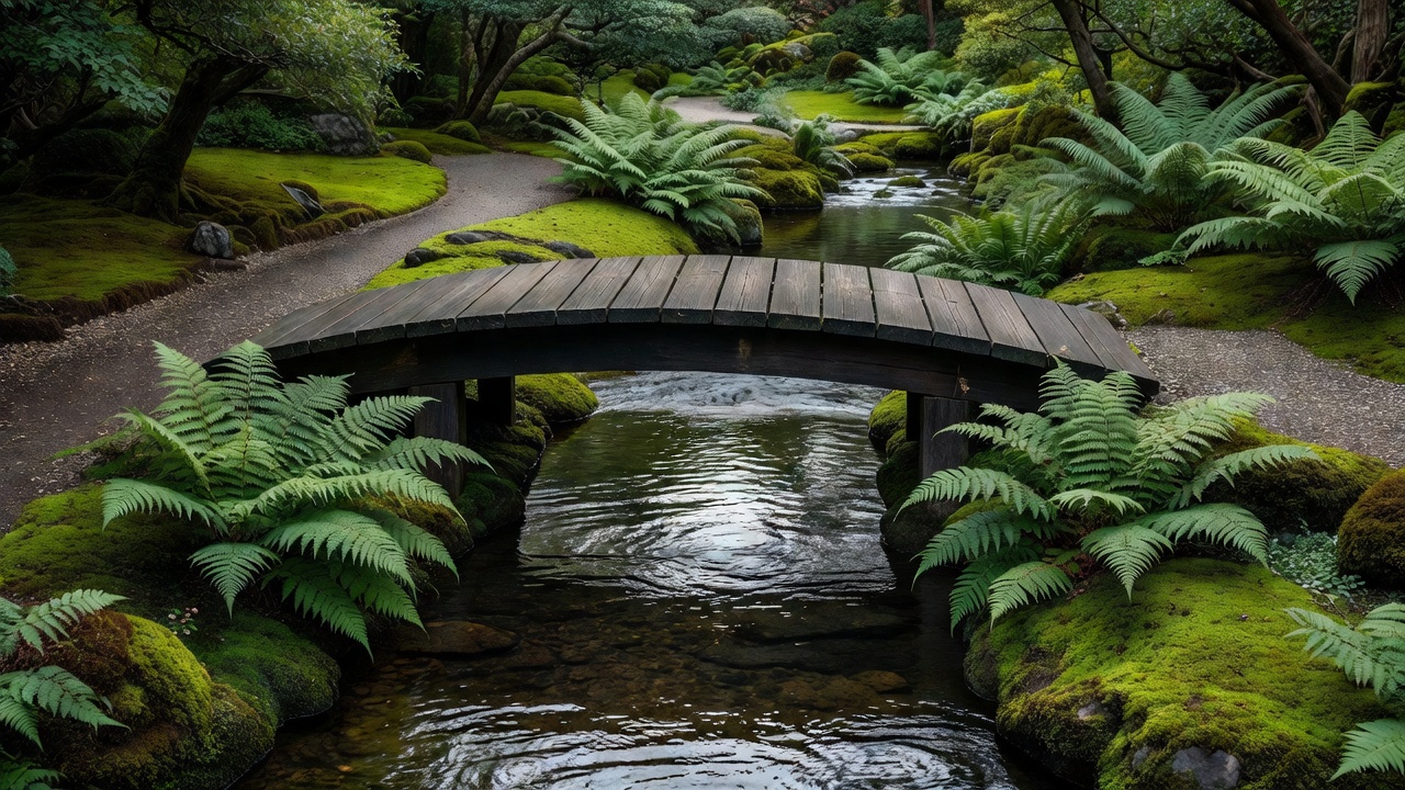 小川にかかる木製の橋がある庭の風景