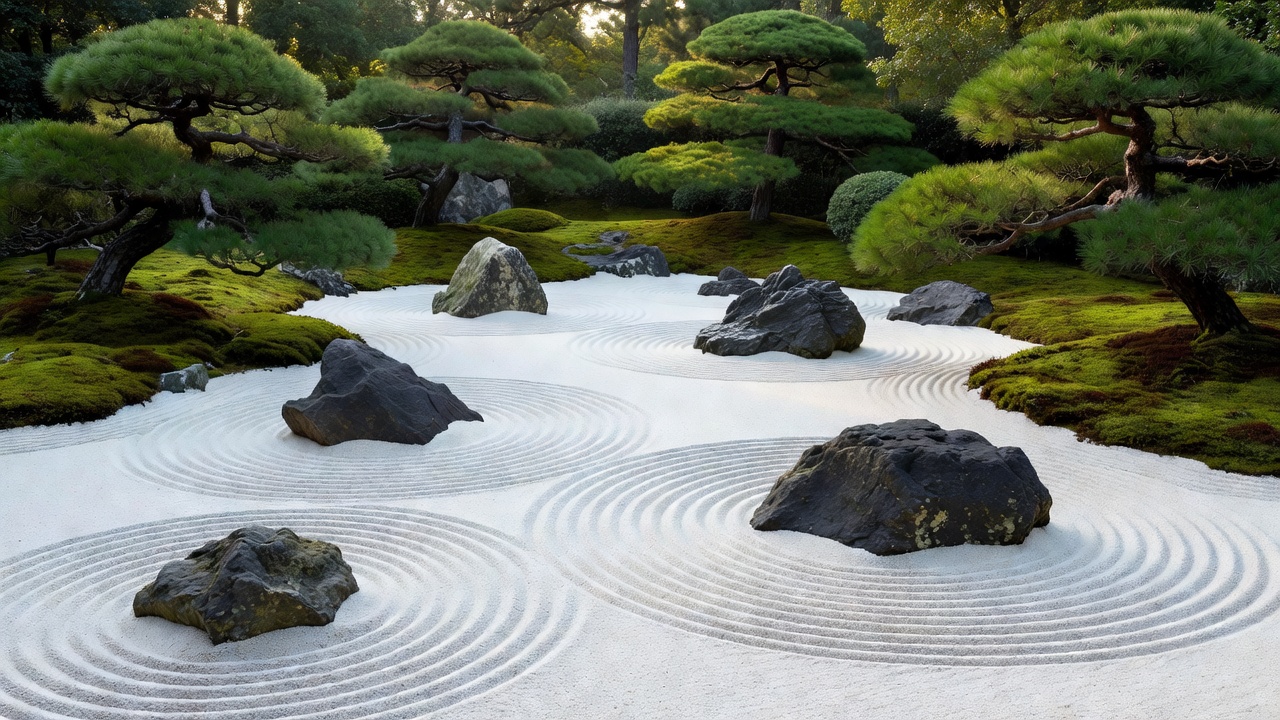 砂紋を描いた枯山水と苔の配置による、整然とした庭の構成